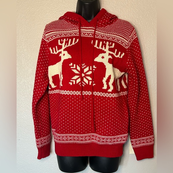 Merry Christmas V28 Red Reindeer Snowflake Winter Holiday Ugly Sweater Hoodie - Picture 1 of 8